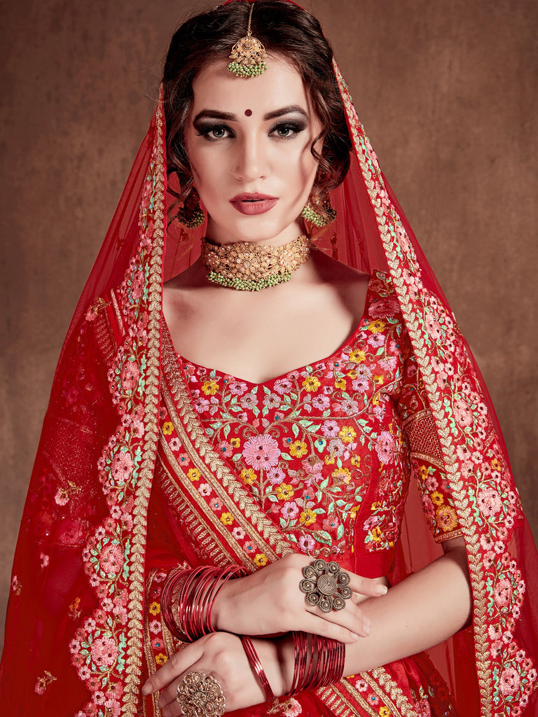 Great Red Silk Bridal Plus Size Lehenga Choli With Double Dupatta