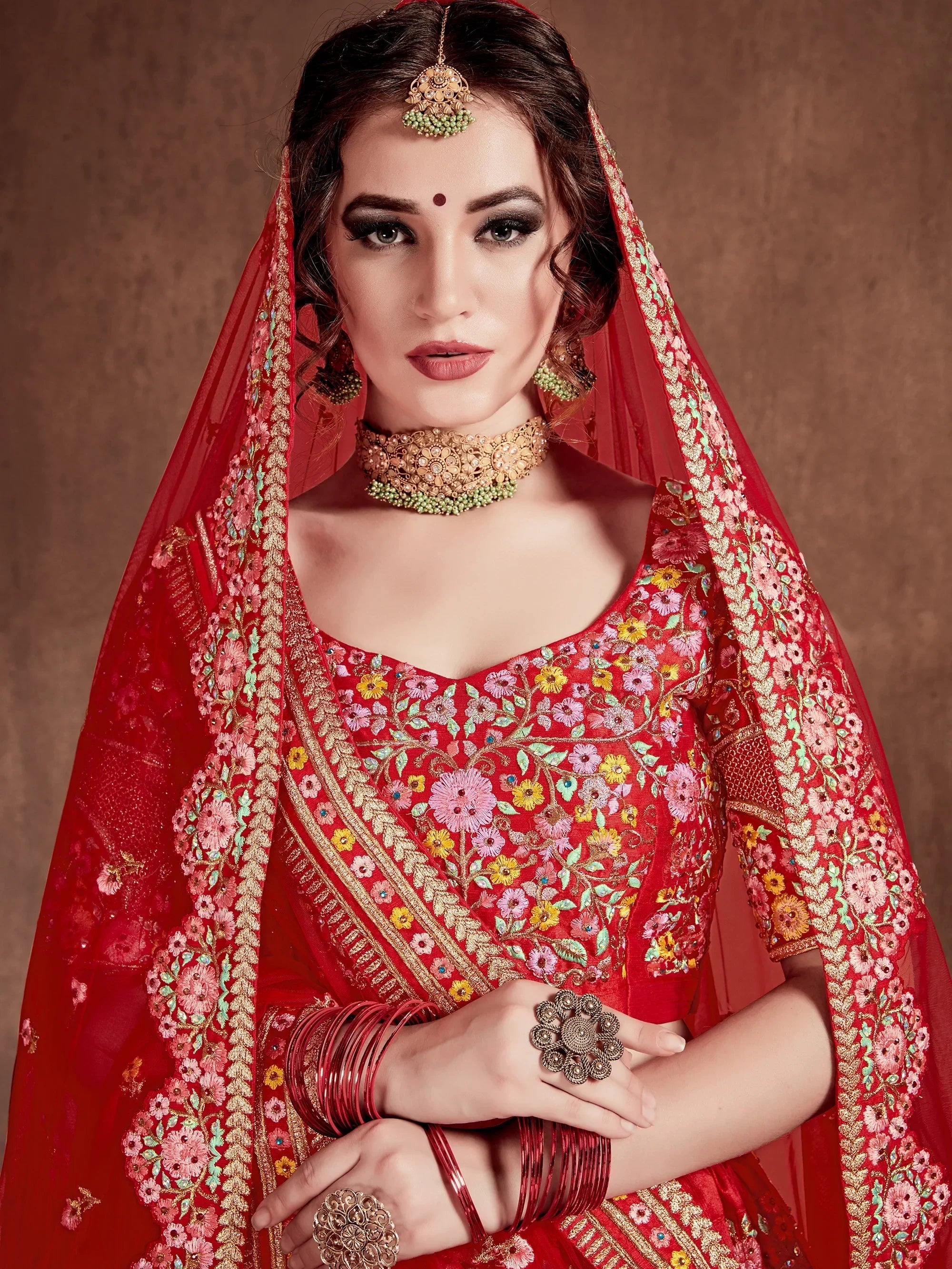 Red Embroidered Art Silk Bridal Lehenga Choli with Two Dupattas