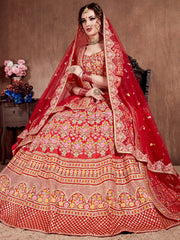 Red Embroidered Art Silk Bridal Lehenga Choli with Two Dupattas