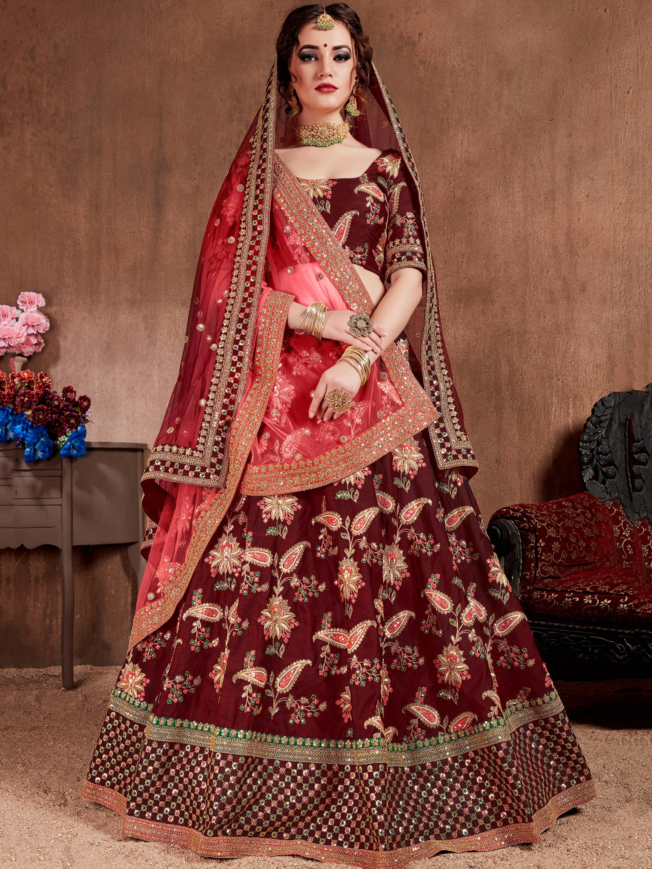 Awesome Maroon Silk Bridal Plus Size Lehenga Choli With Double Dupatta
