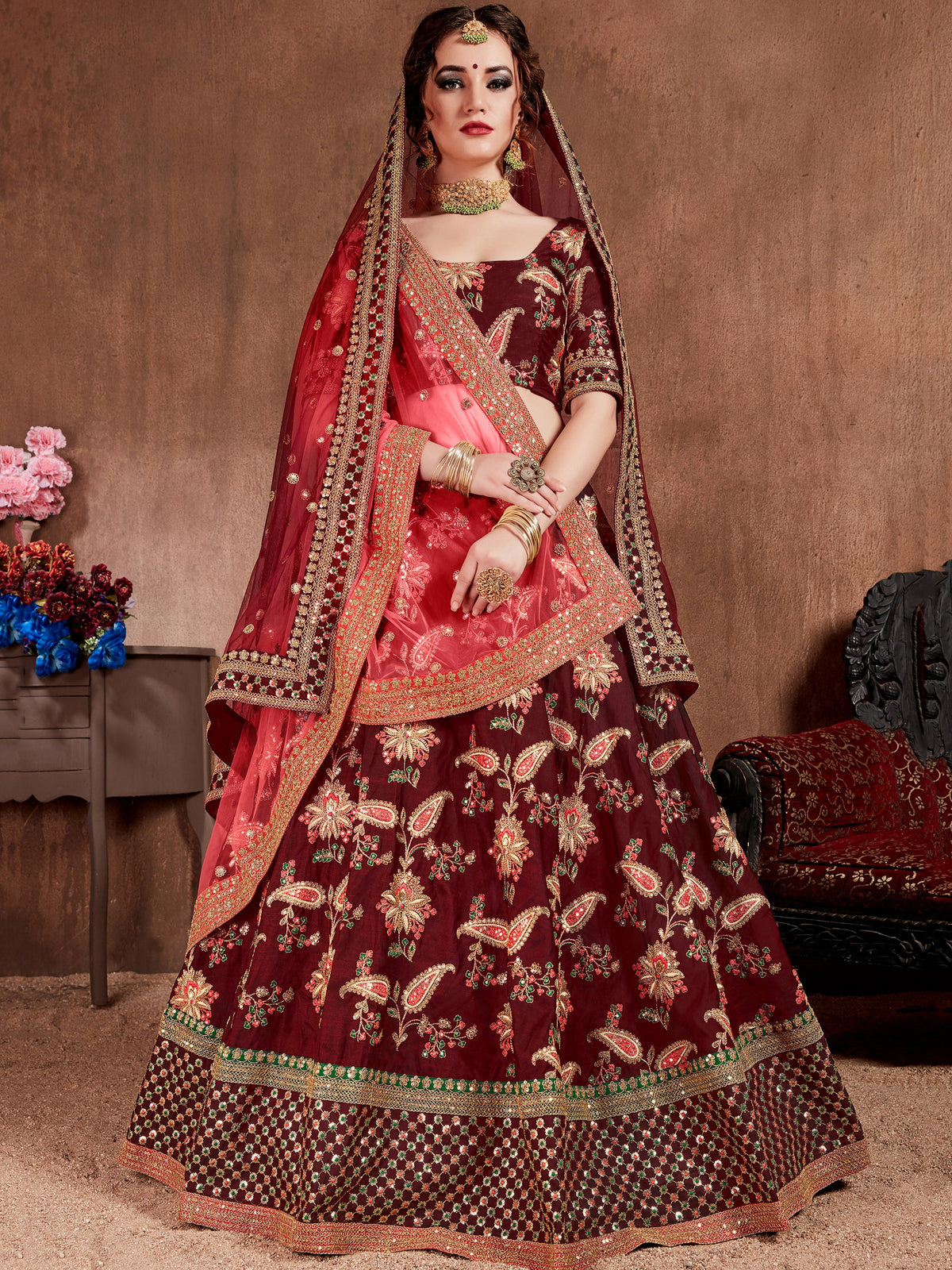 Awesome Maroon Silk Bridal Plus Size Lehenga Choli With Double Dupatta