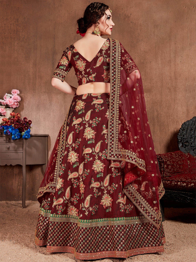 Maroon Embroidered Taffeta Bridal Wear Lehenga Choli