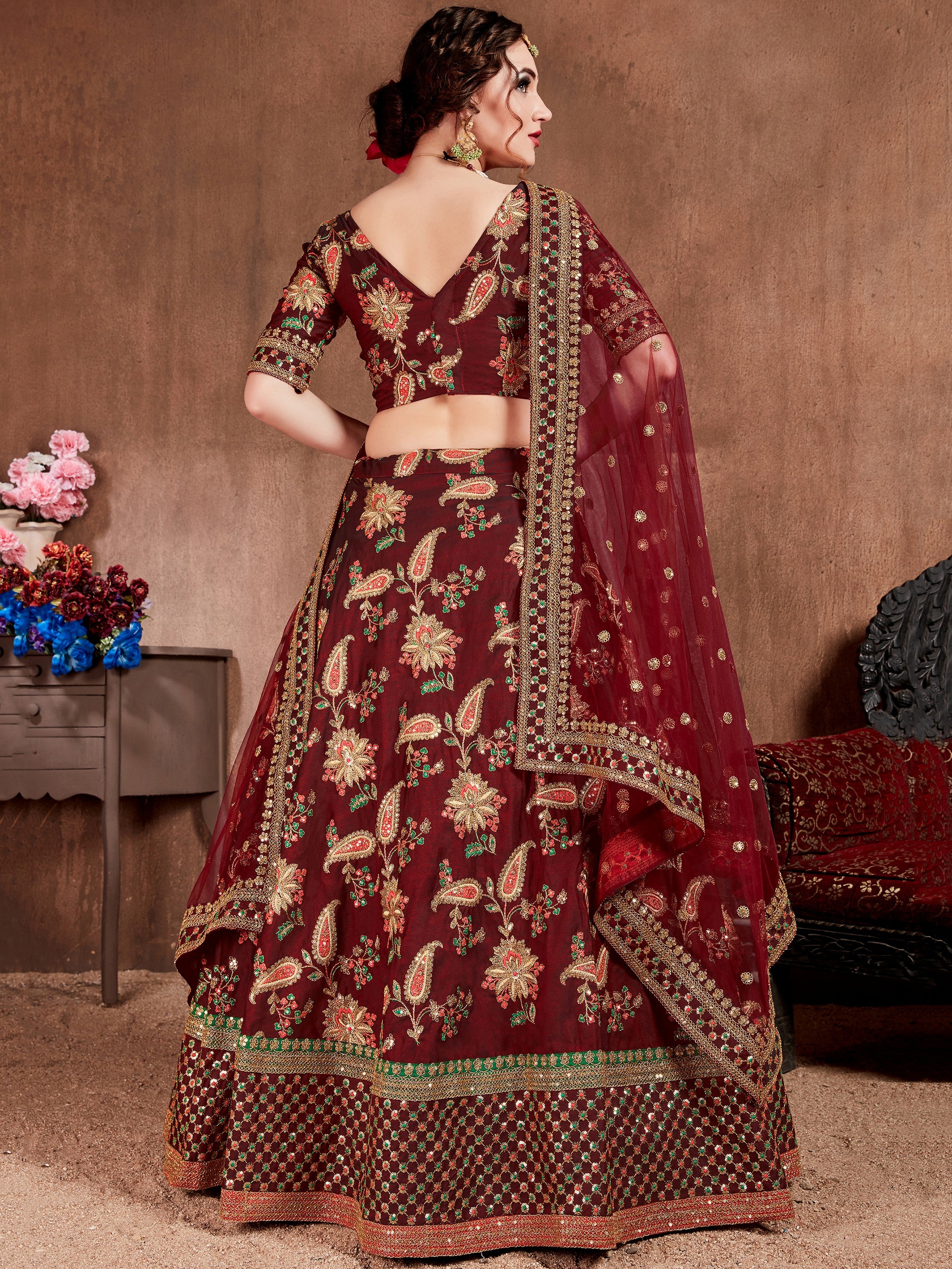 Awesome Maroon Silk Bridal Plus Size Lehenga Choli With Double Dupatta