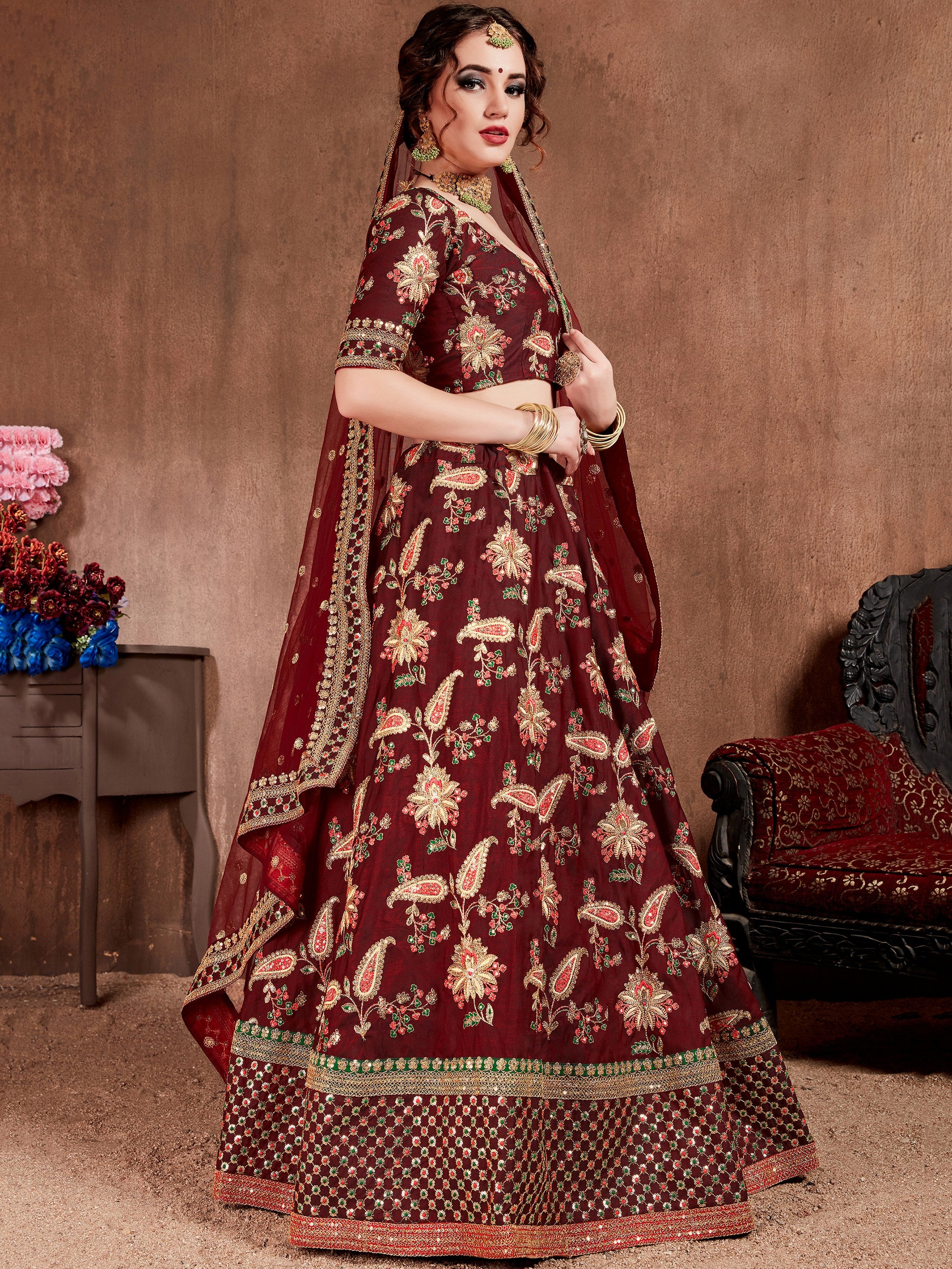 Awesome Maroon Silk Bridal Plus Size Lehenga Choli With Double Dupatta