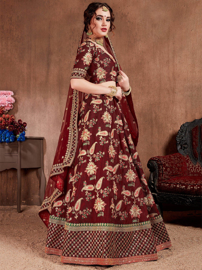Maroon Embroidered Taffeta Bridal Wear Lehenga Choli