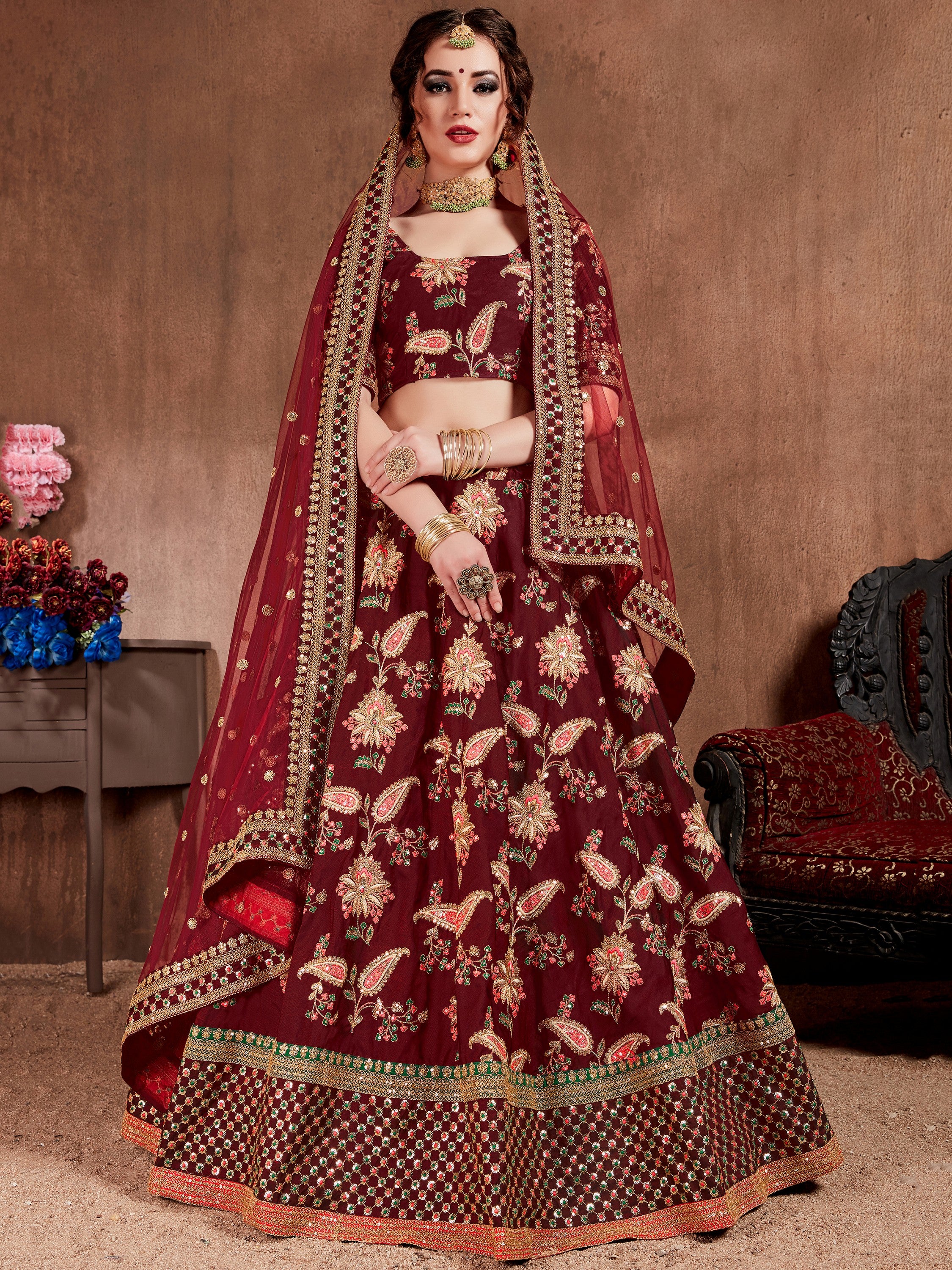 Awesome Maroon Silk Bridal Plus Size Lehenga Choli With Double Dupatta