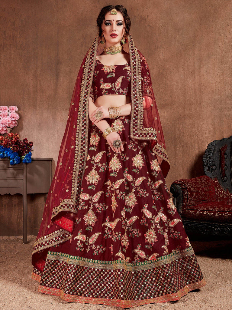 Maroon Embroidered Taffeta Bridal Wear Lehenga Choli