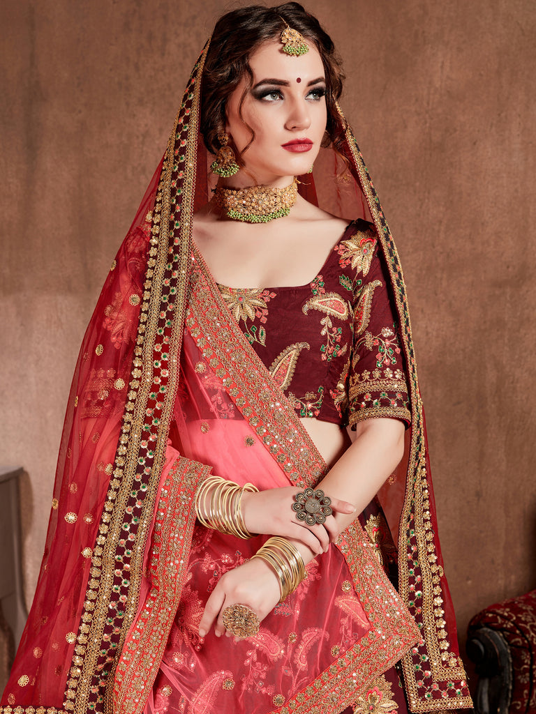 Awesome Maroon Silk Bridal Plus Size Lehenga Choli With Double Dupatta