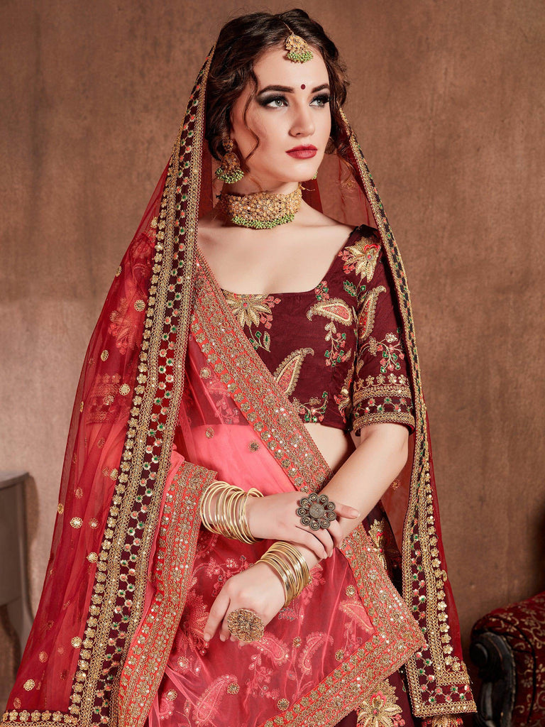 Maroon Embroidered Taffeta Bridal Wear Lehenga Choli