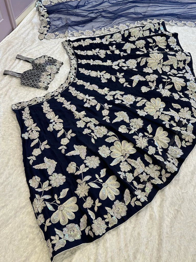 Fascinating Blue Dori Work Georgette Engagement Wear Lehenga Choli