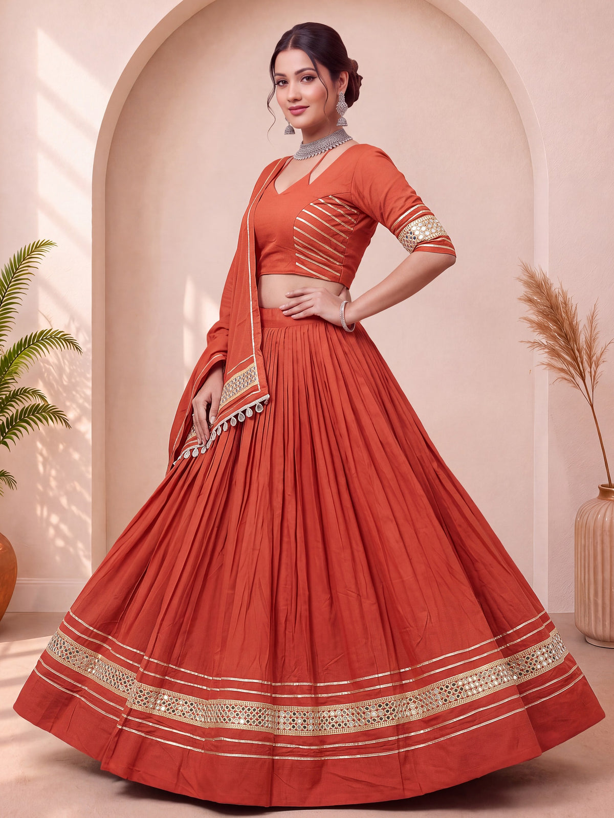 Stylish Rust Orange Mirror Laced Cotton Navratri Special Lehenga Choli