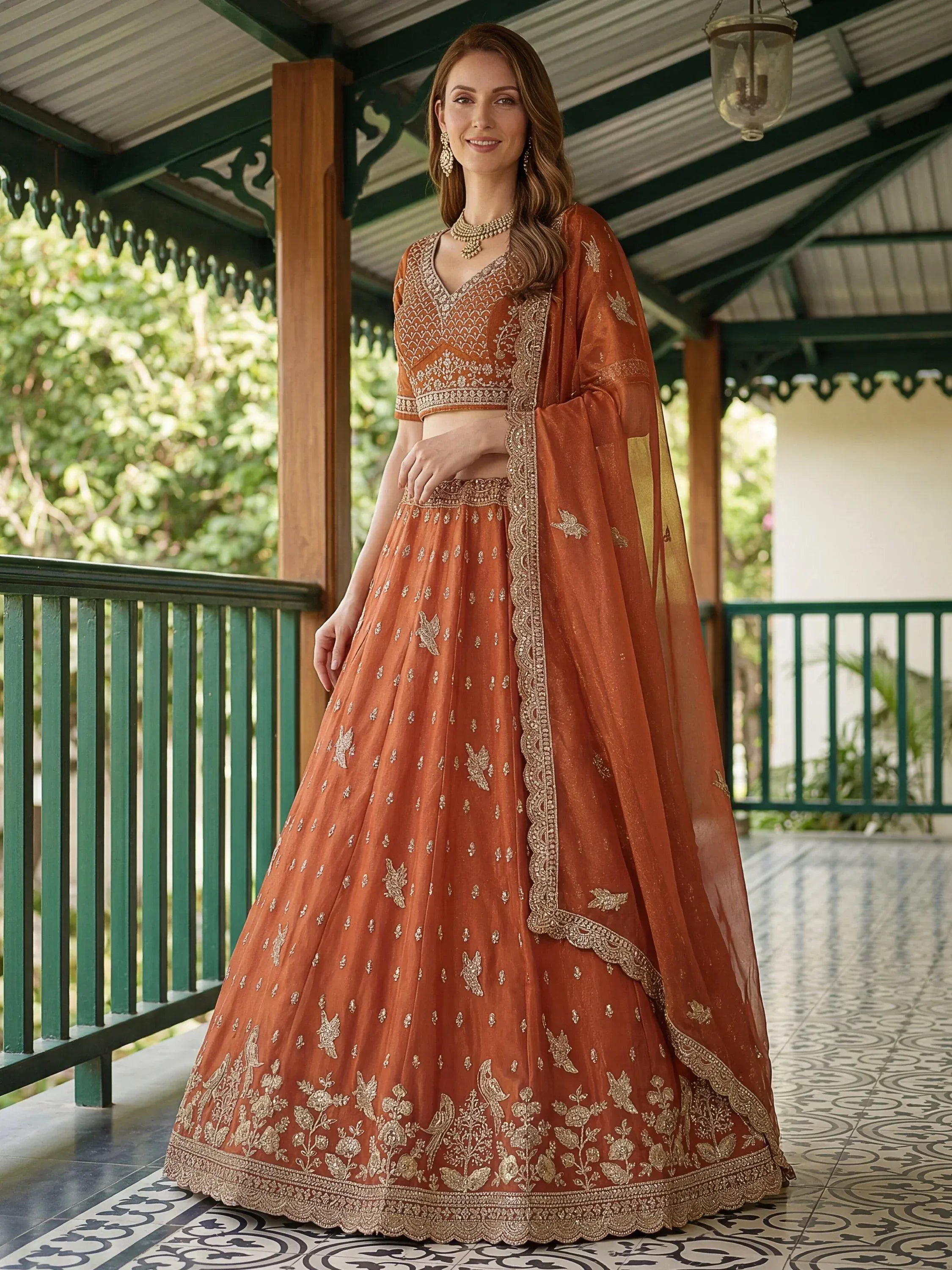 Notable Rust Orange Organza Wedding Wear Lehenga Choli With Dupatta