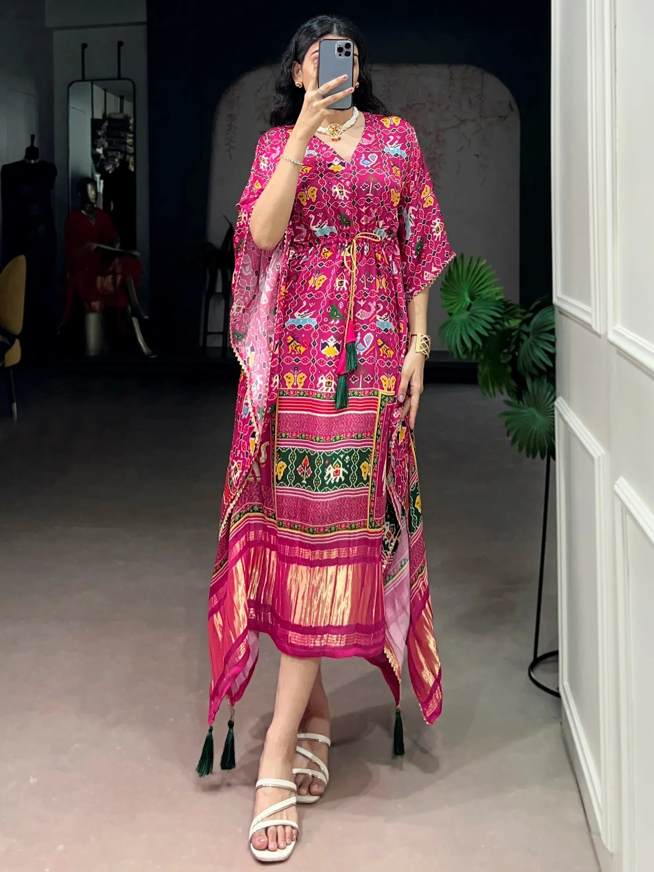 Bewitching Hot Pink Gota Laced Gaji Silk Event Wear Kaftan