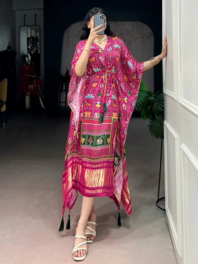Bewitching Hot Pink Gota Laced Gaji Silk Event Wear Kaftan