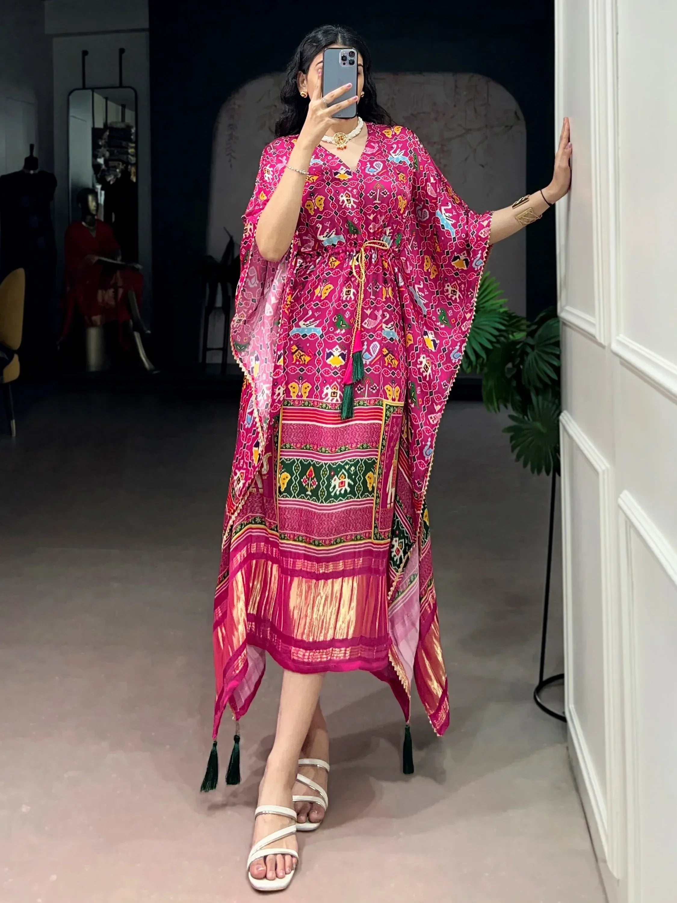 Bewitching Hot Pink Gota Laced Gaji Silk Event Wear Kaftan
