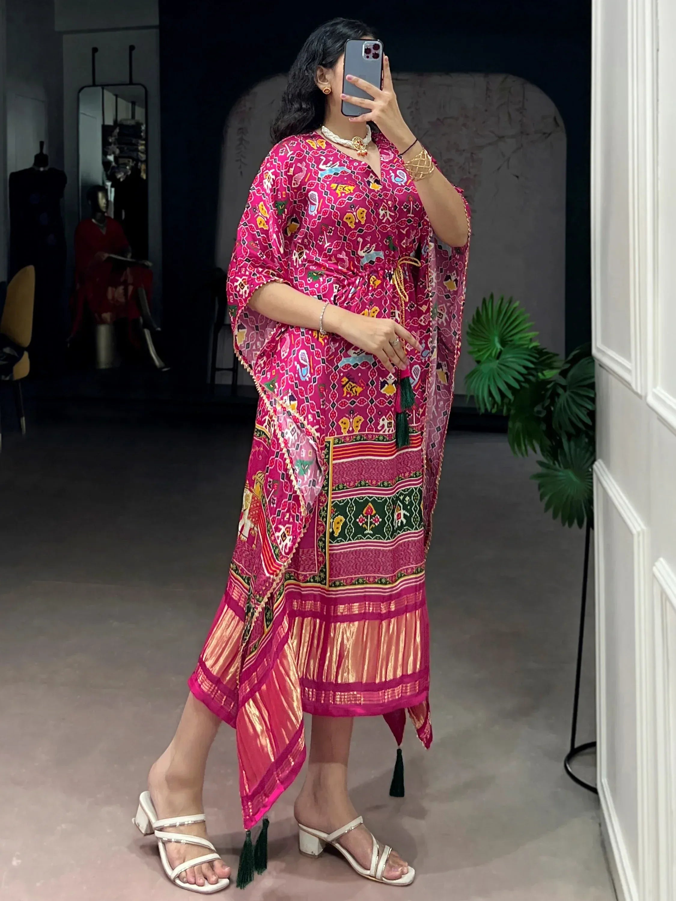 Bewitching Hot Pink Gota Laced Gaji Silk Event Wear Kaftan