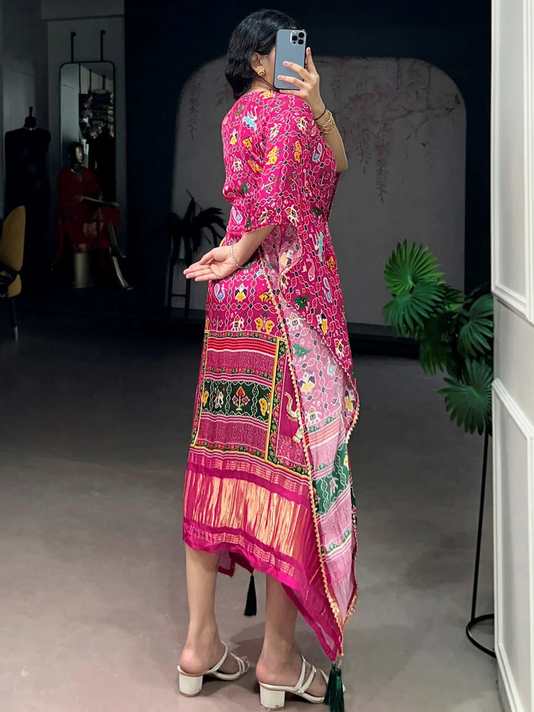 Bewitching Hot Pink Gota Laced Gaji Silk Event Wear Kaftan