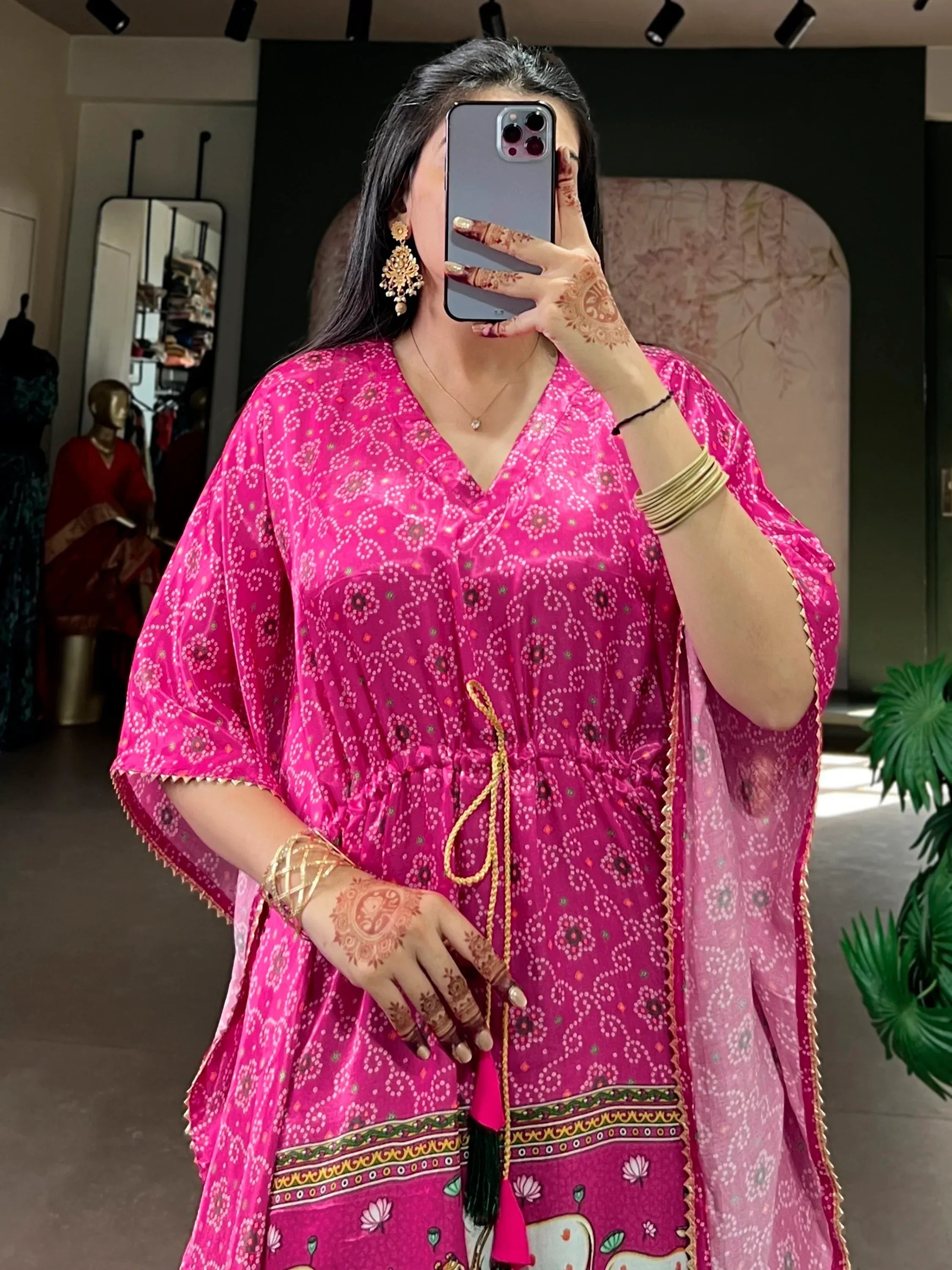 Statuesque Pink Digital Printed Gaji Silk Function Wear Kaftan