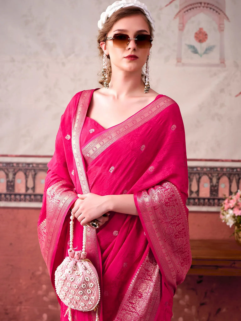 Lovely Rani Pink Zari Weaving Chinon Event Wear Saree With Blouse