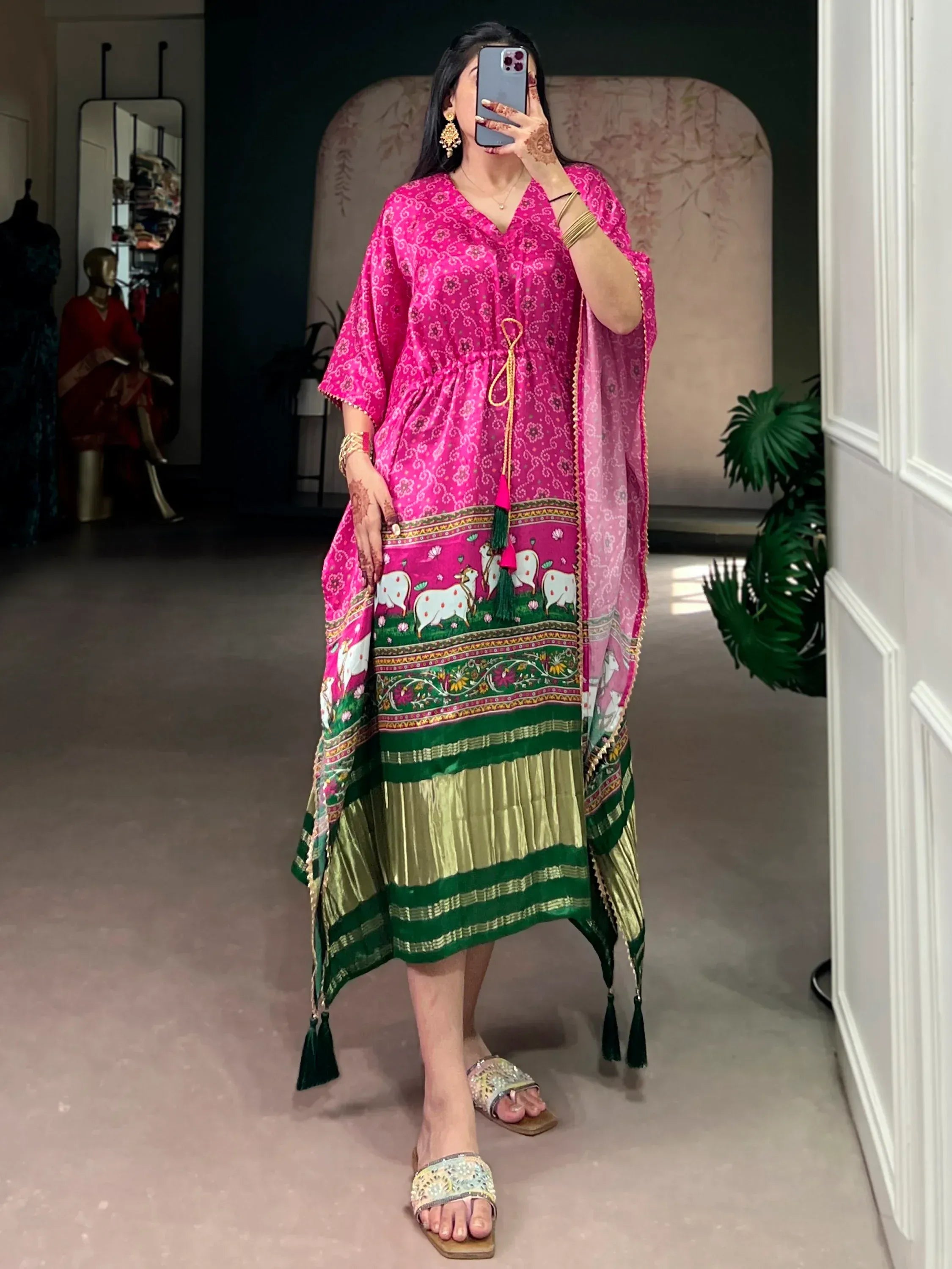 Statuesque Pink Digital Printed Gaji Silk Function Wear Kaftan