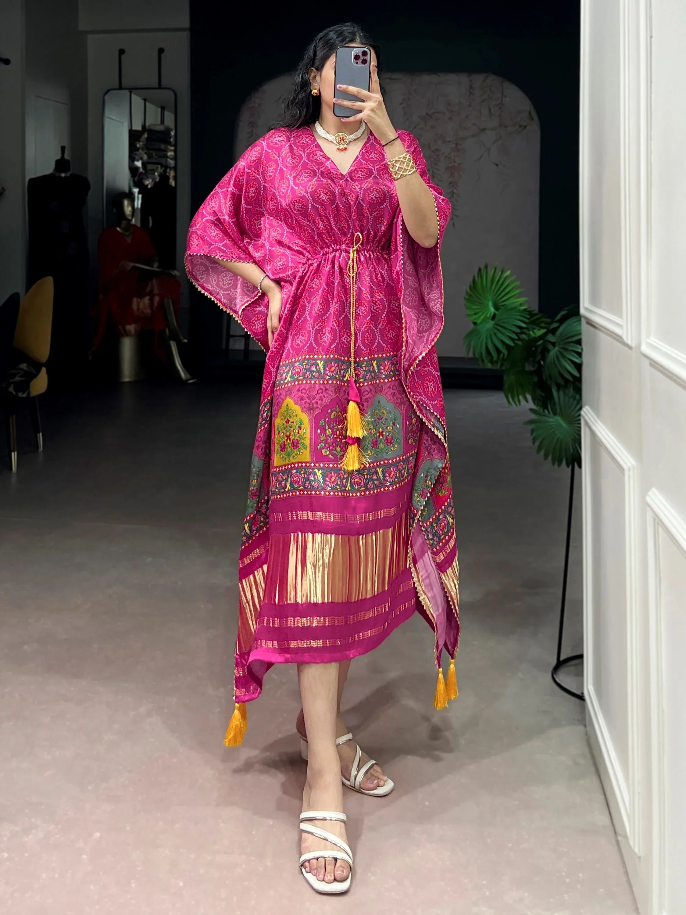 Dazzling Rani Pink Bandhani Printed Silk Function Wear Kaftan