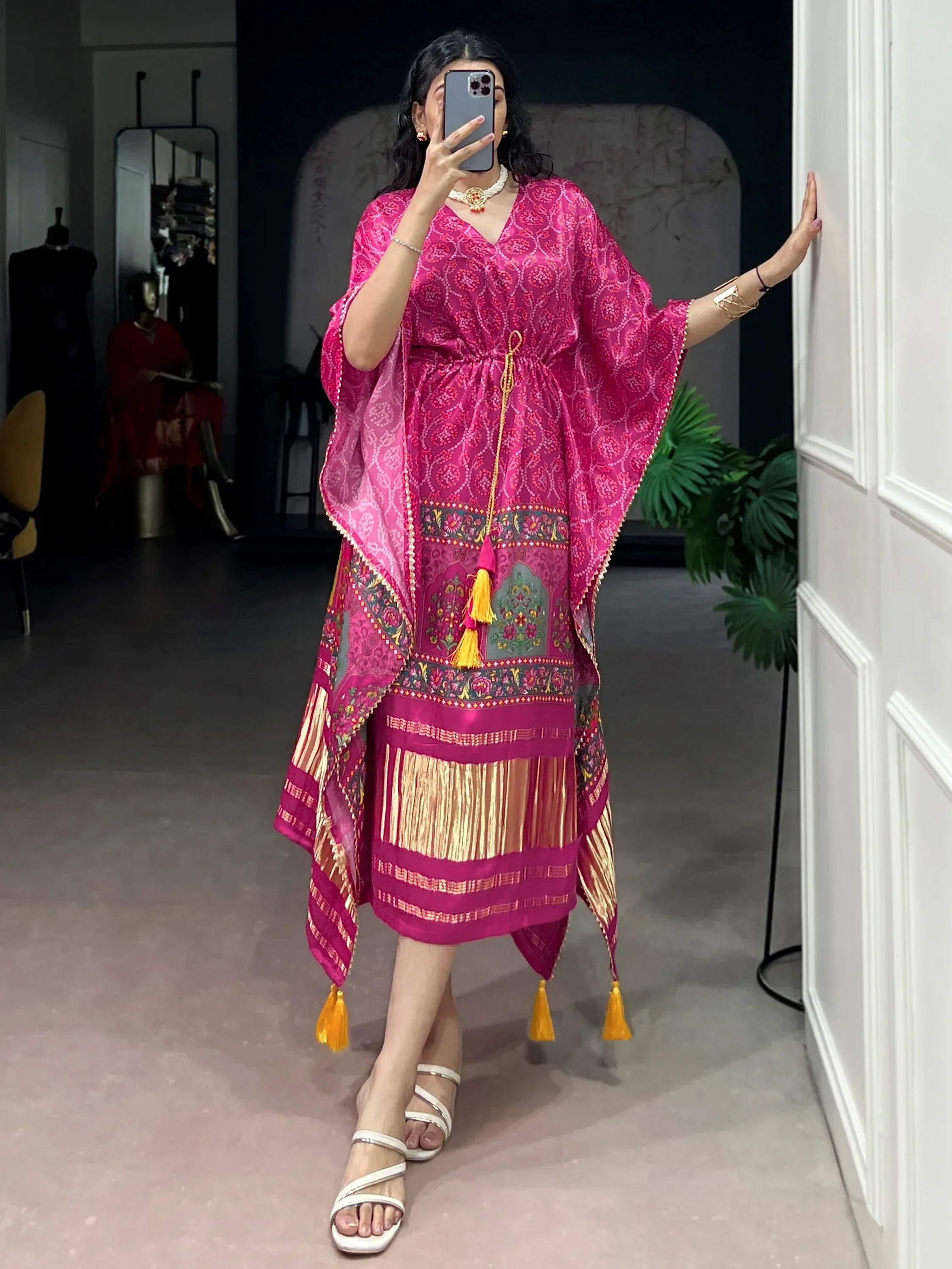 Dazzling Rani Pink Bandhani Printed Silk Function Wear Kaftan