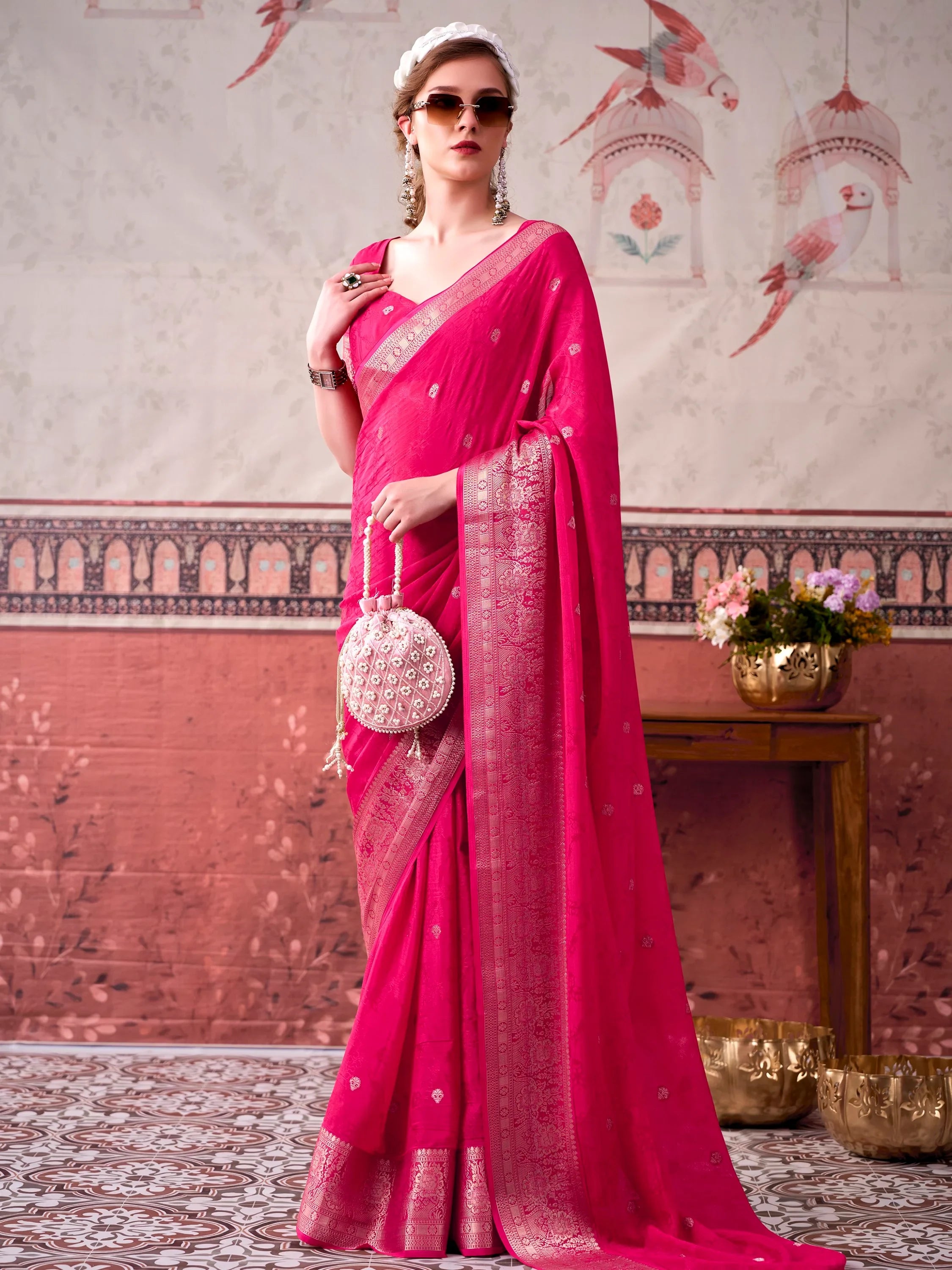 Lovely Rani Pink Zari Weaving Chinon Event Wear Saree With Blouse