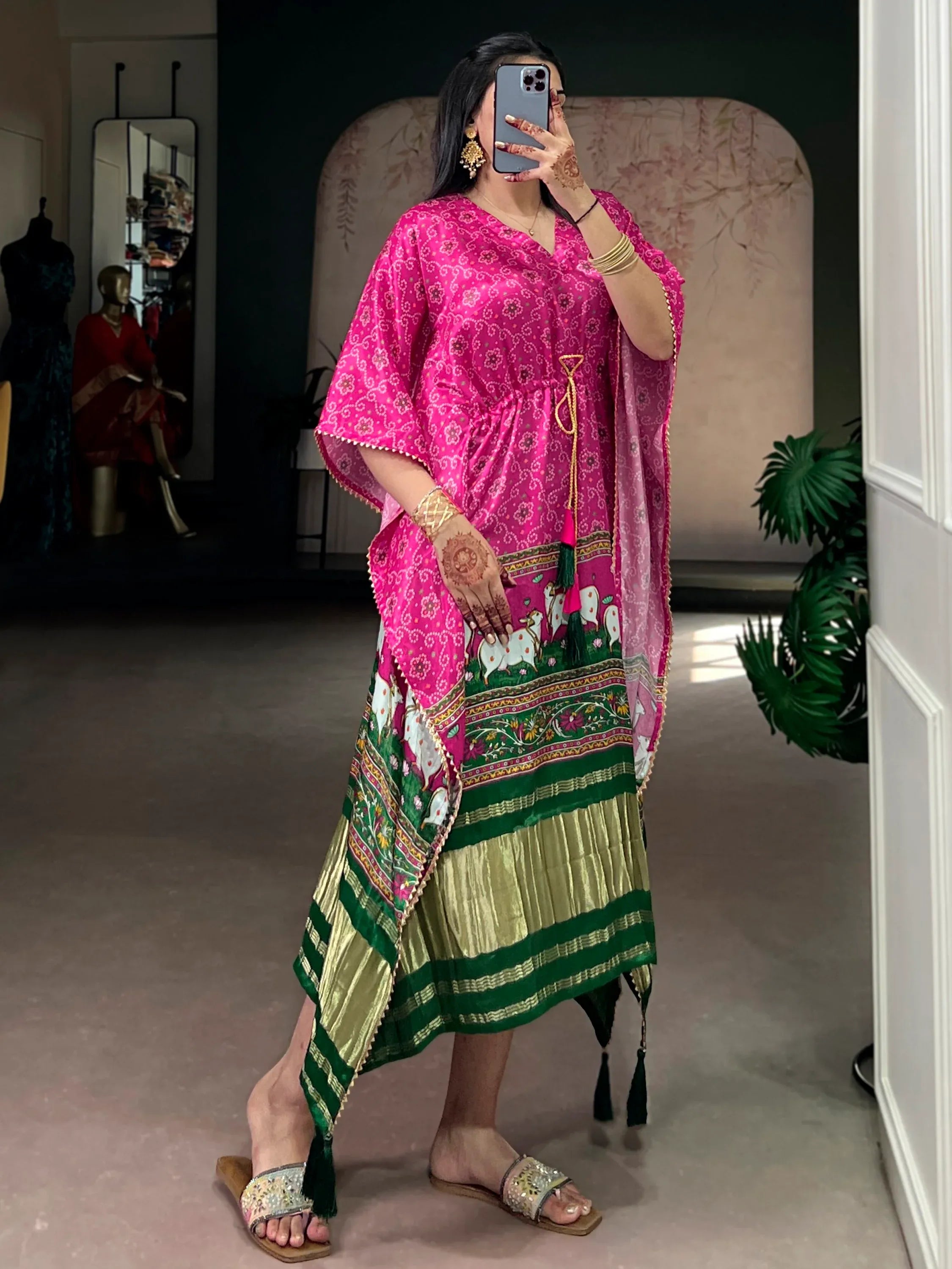 Statuesque Pink Digital Printed Gaji Silk Function Wear Kaftan