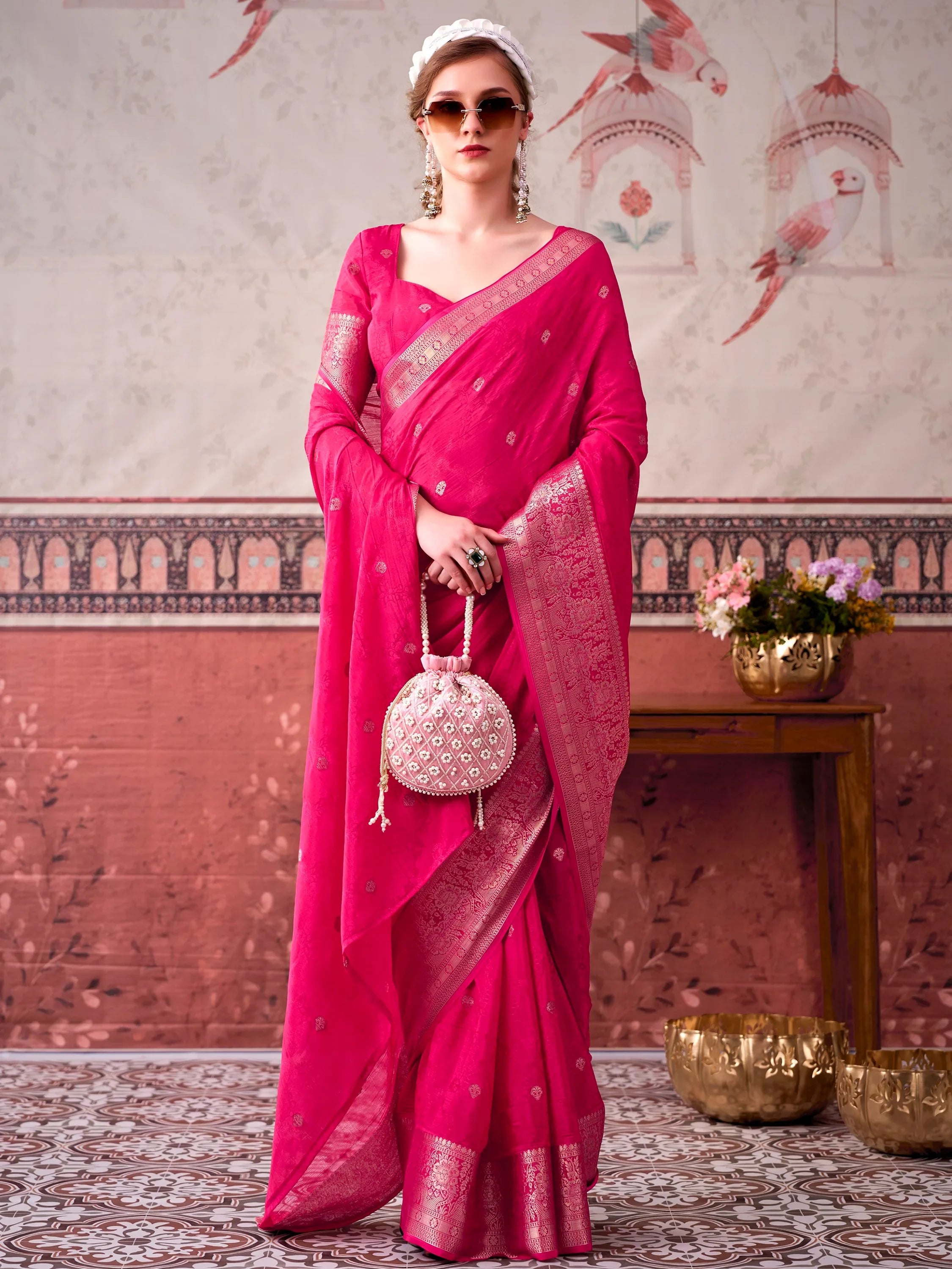 Lovely Rani Pink Zari Weaving Chinon Event Wear Saree With Blouse