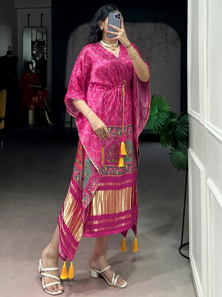 Dazzling Rani Pink Bandhani Printed Silk Function Wear Kaftan