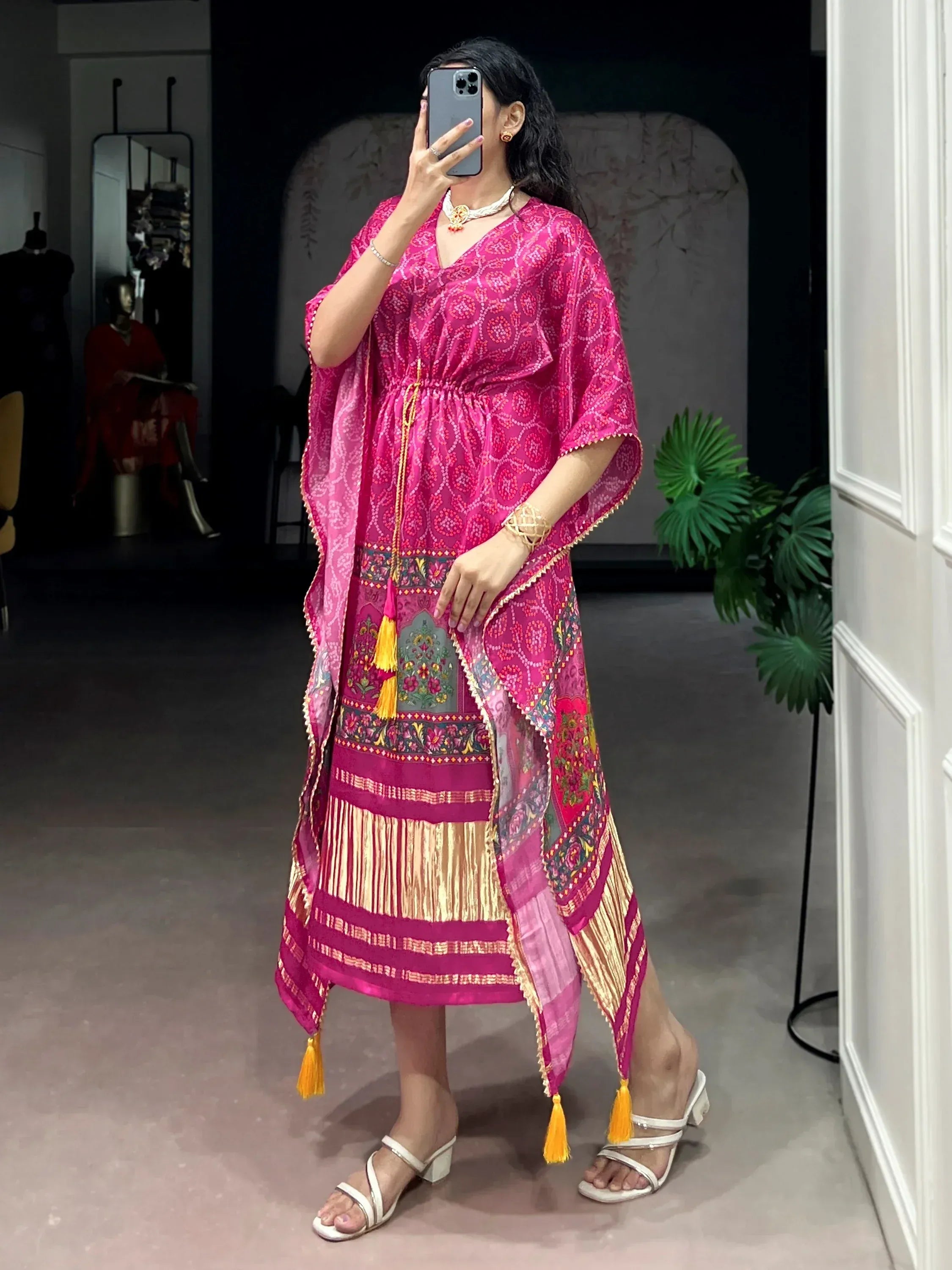 Dazzling Rani Pink Bandhani Printed Silk Function Wear Kaftan