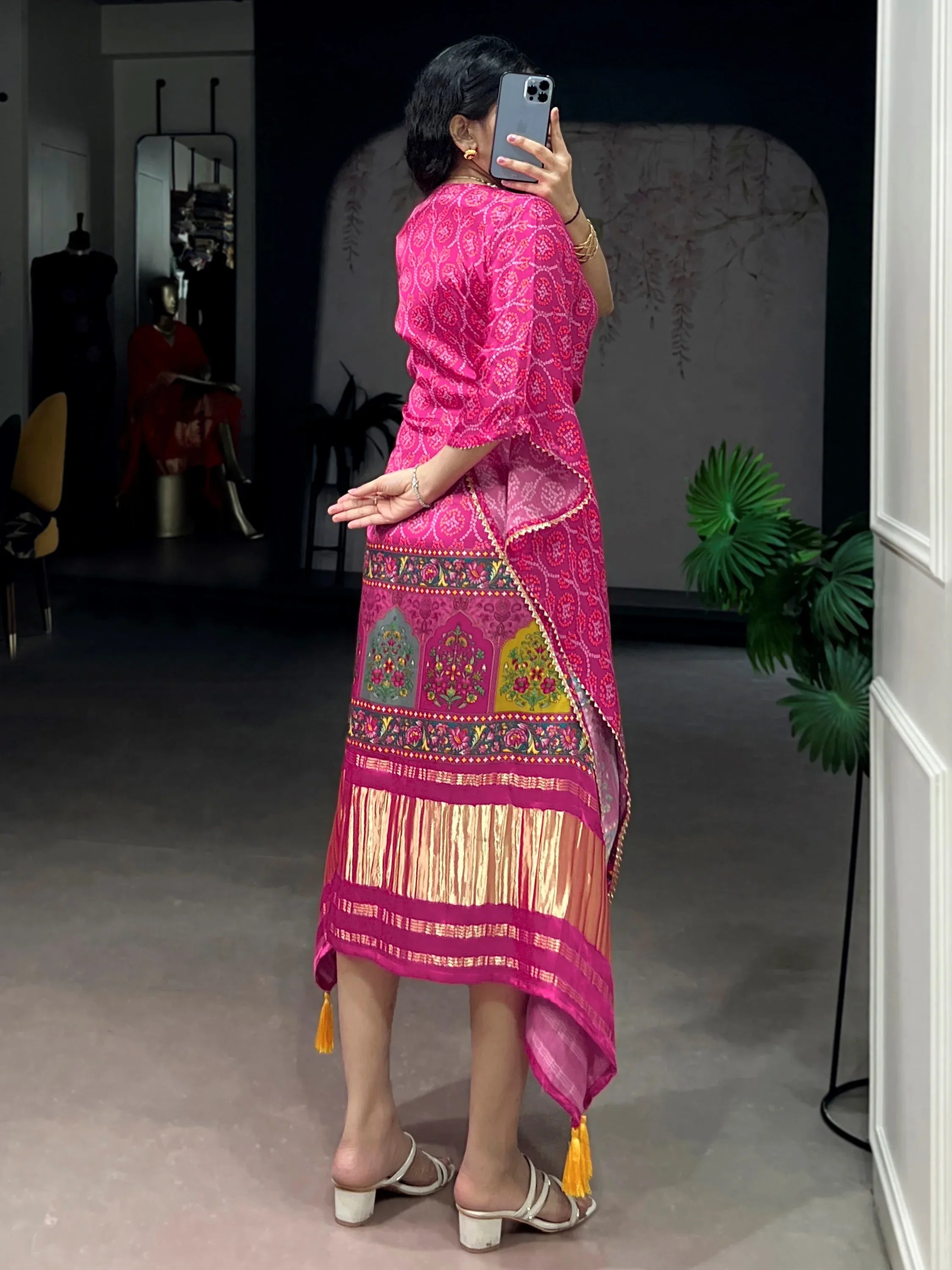 Dazzling Rani Pink Bandhani Printed Silk Function Wear Kaftan