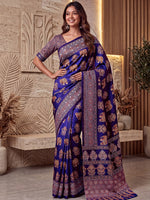 Glorious Purple Ajarak Printed Crepe Silk Festive Wear Saree With Blouse