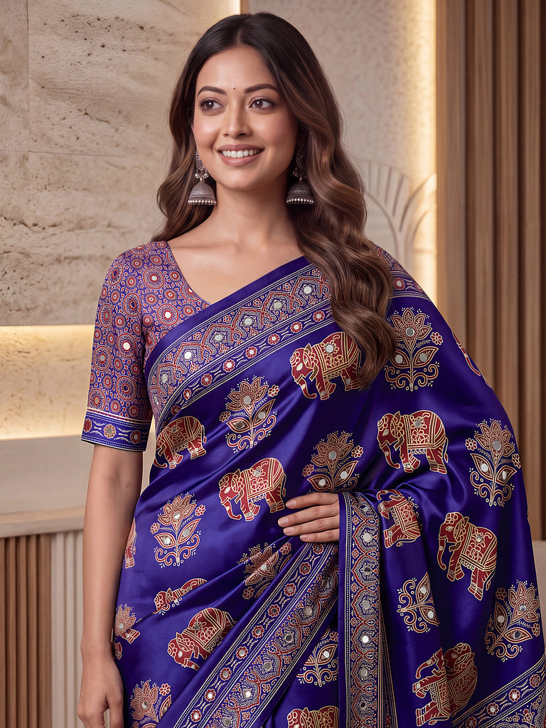 Glorious Purple Ajarak Printed Crepe Silk Festive Wear Saree With Blouse