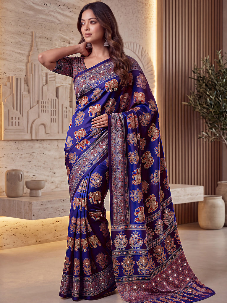 Glorious Purple Ajarak Printed Crepe Silk Festive Wear Saree With Blouse