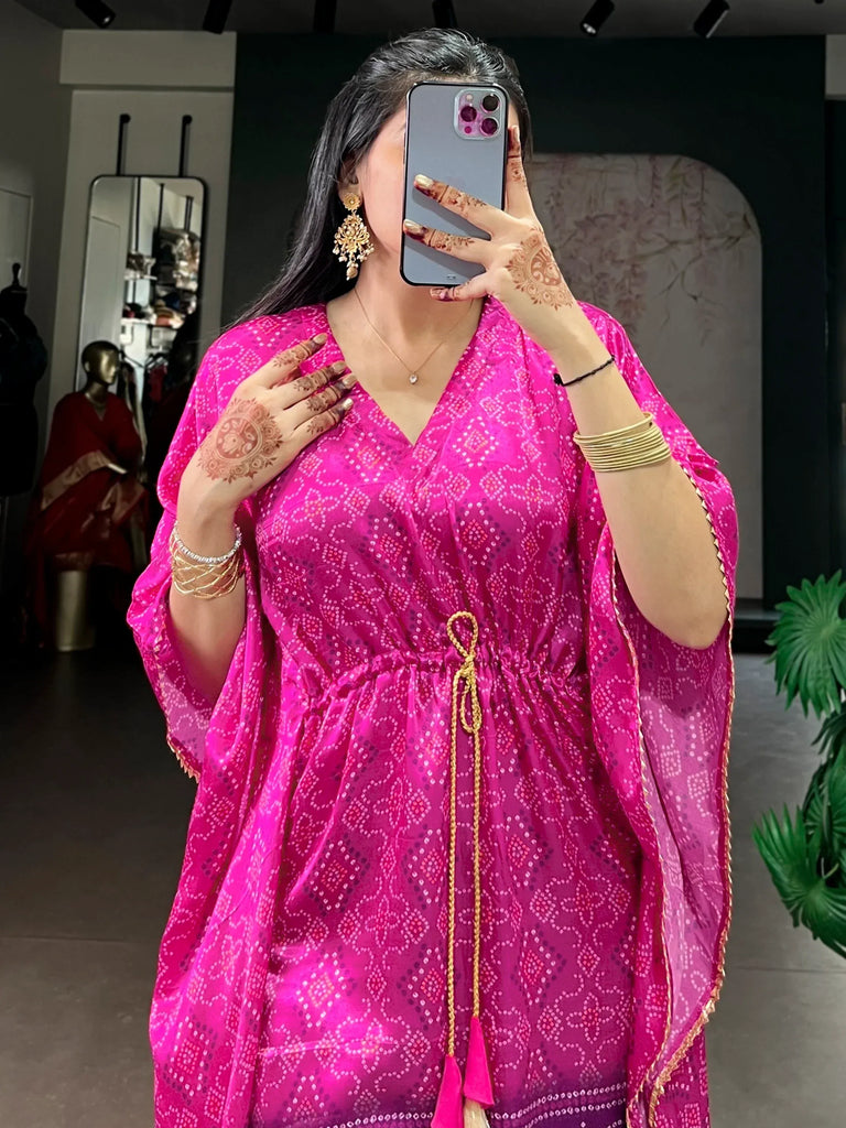 Captivating Purple Bandhani Printed Gaji Silk Wedding Wear Kaftan