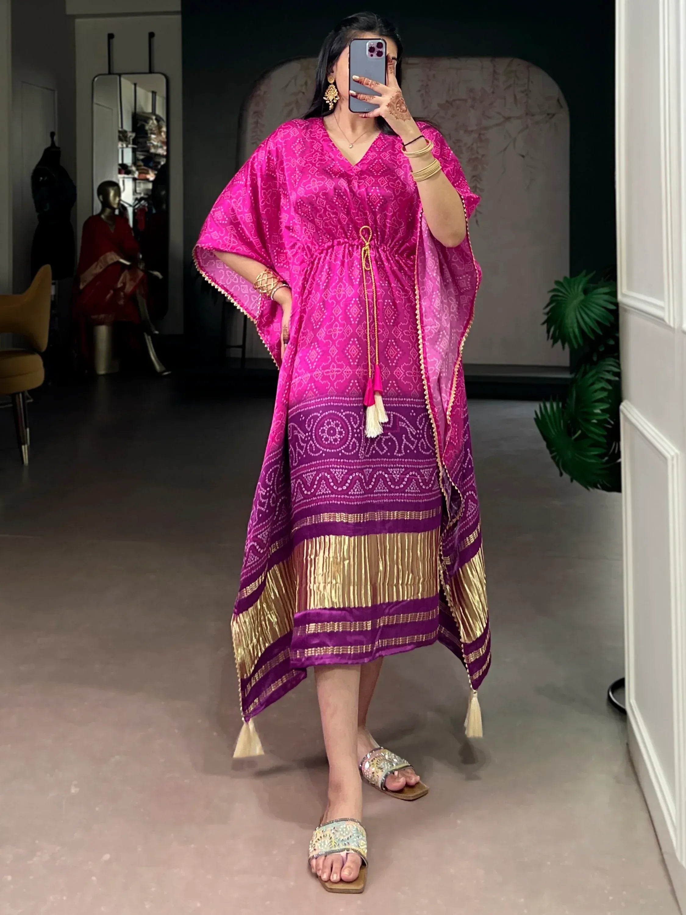Captivating Purple Bandhani Printed Gaji Silk Wedding Wear Kaftan
