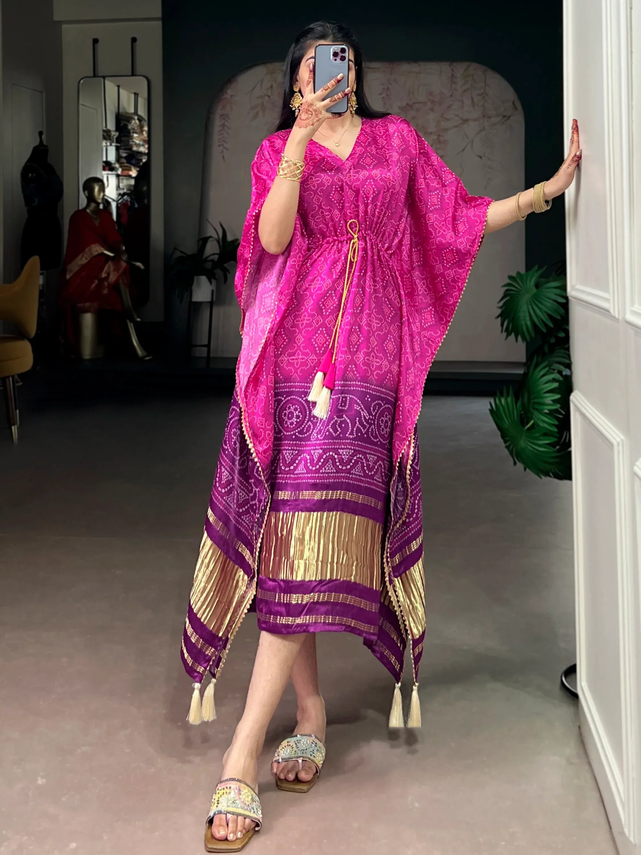 Captivating Purple Bandhani Printed Gaji Silk Wedding Wear Kaftan
