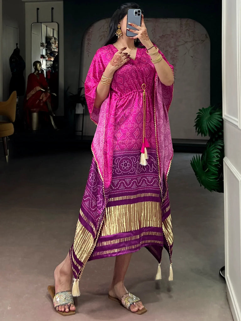 Captivating Purple Bandhani Printed Gaji Silk Wedding Wear Kaftan