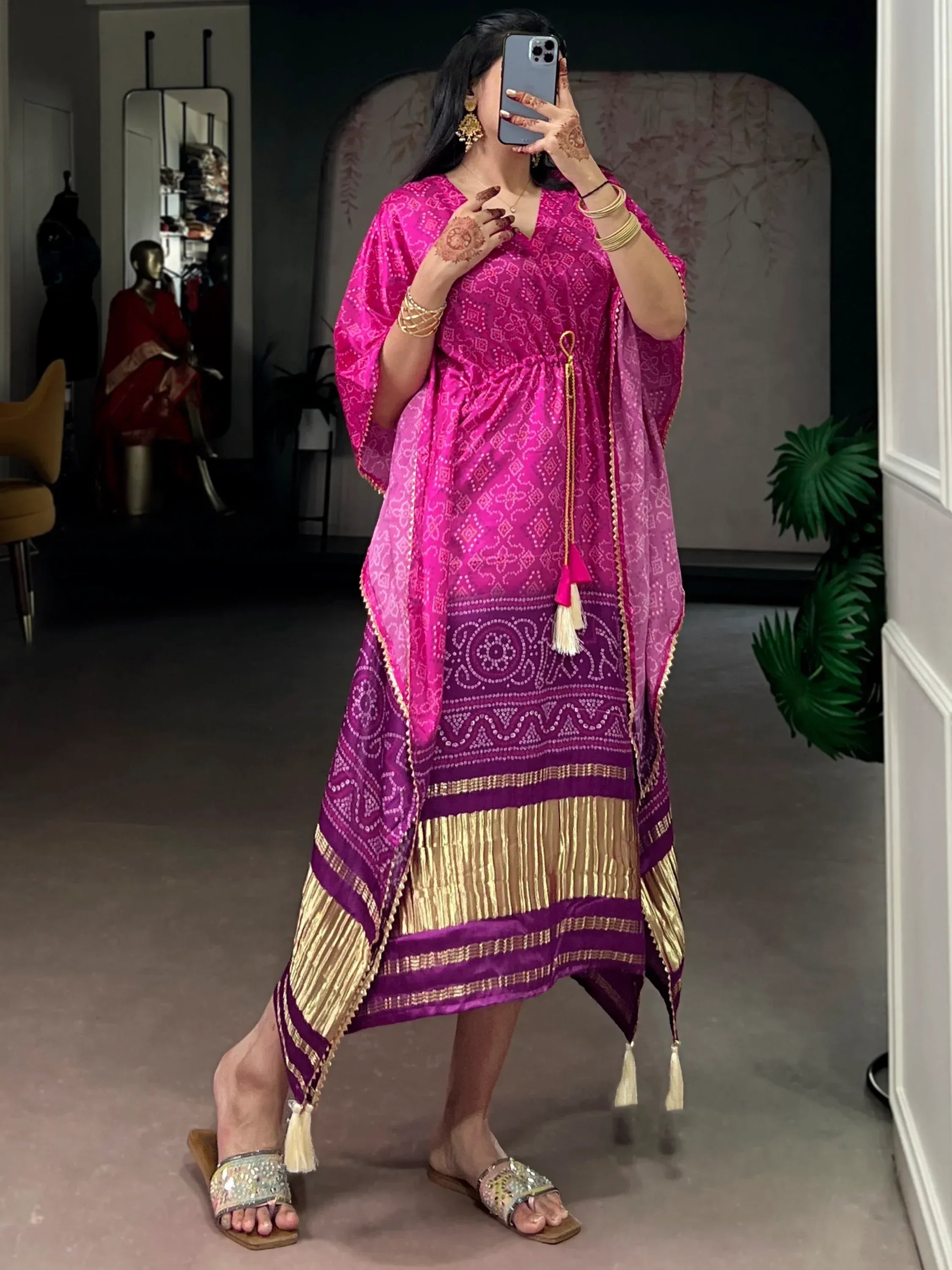 Captivating Purple Bandhani Printed Gaji Silk Wedding Wear Kaftan