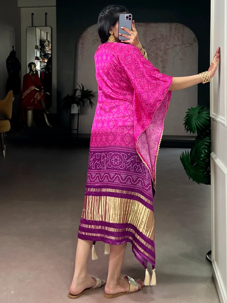 Captivating Purple Bandhani Printed Gaji Silk Wedding Wear Kaftan