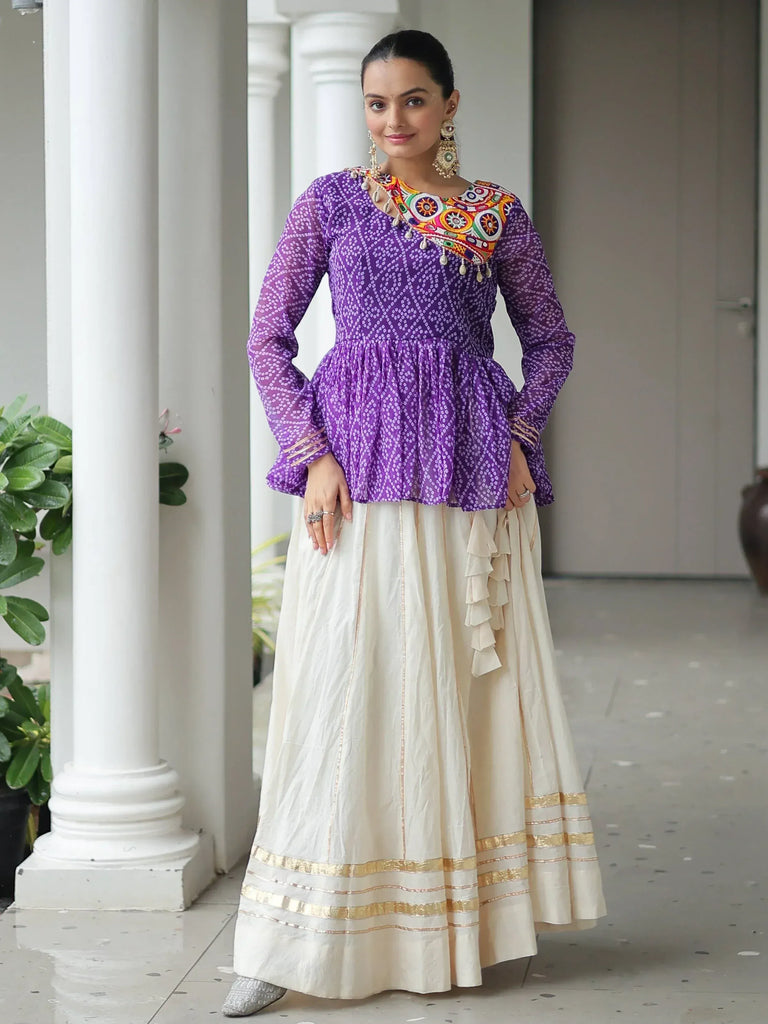 Purple printed peplum top with colorful embroidery paired with cream ruffle skirt, Indian ethnic wear