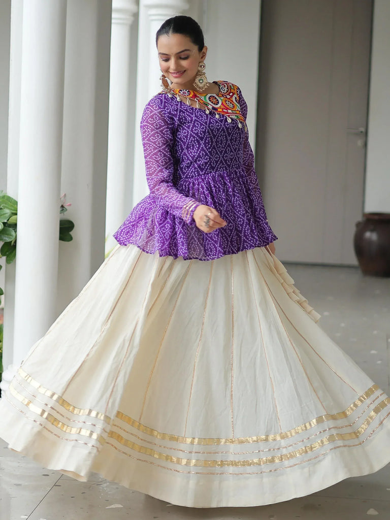 Purple printed peplum top with cream pleated skirt, Indian ethnic wear for women