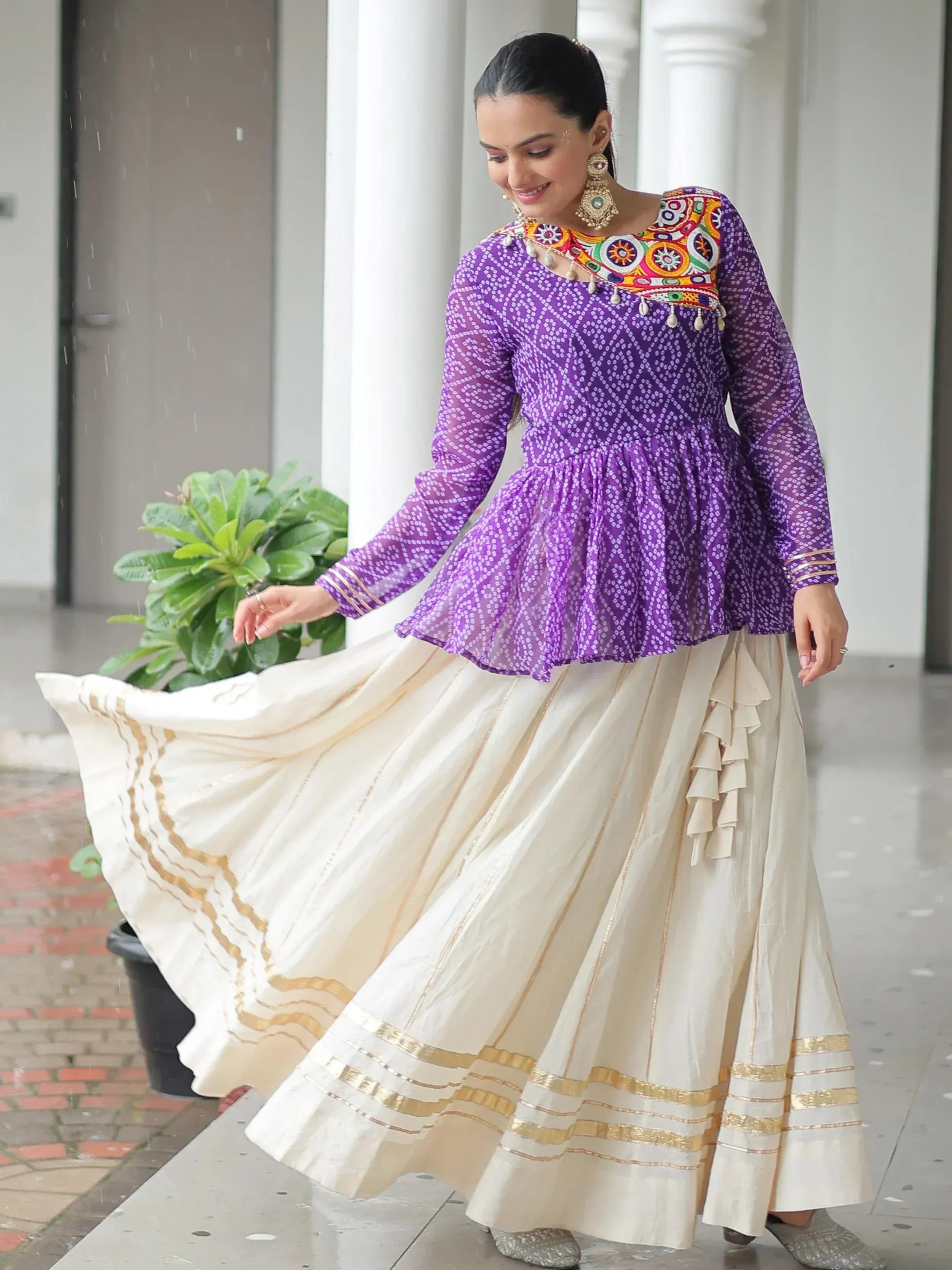 Purple embroidered top with cream pleated skirt, Indian ethnic wear for women