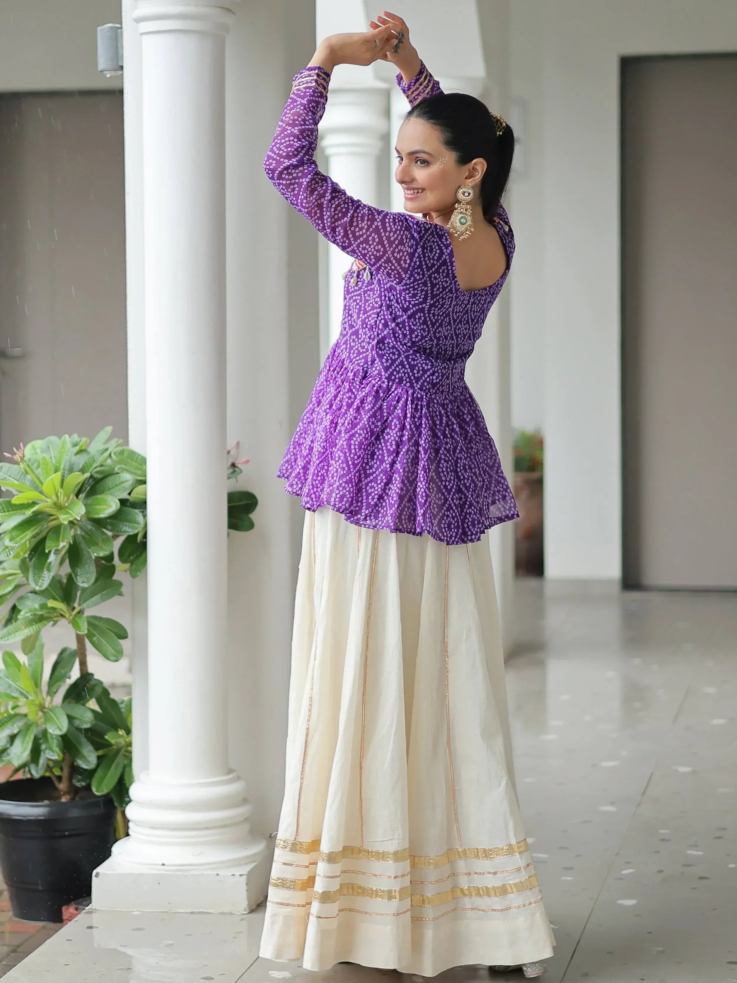 Purple printed peplum top with cream palazzo pants, Indian ethnic wear for women