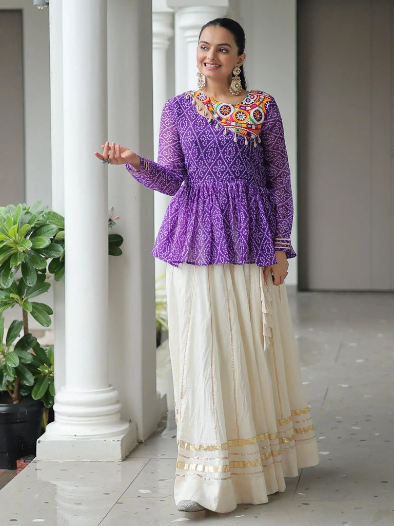 Purple embroidered peplum top with cream palazzo pants, Indian ethnic wear