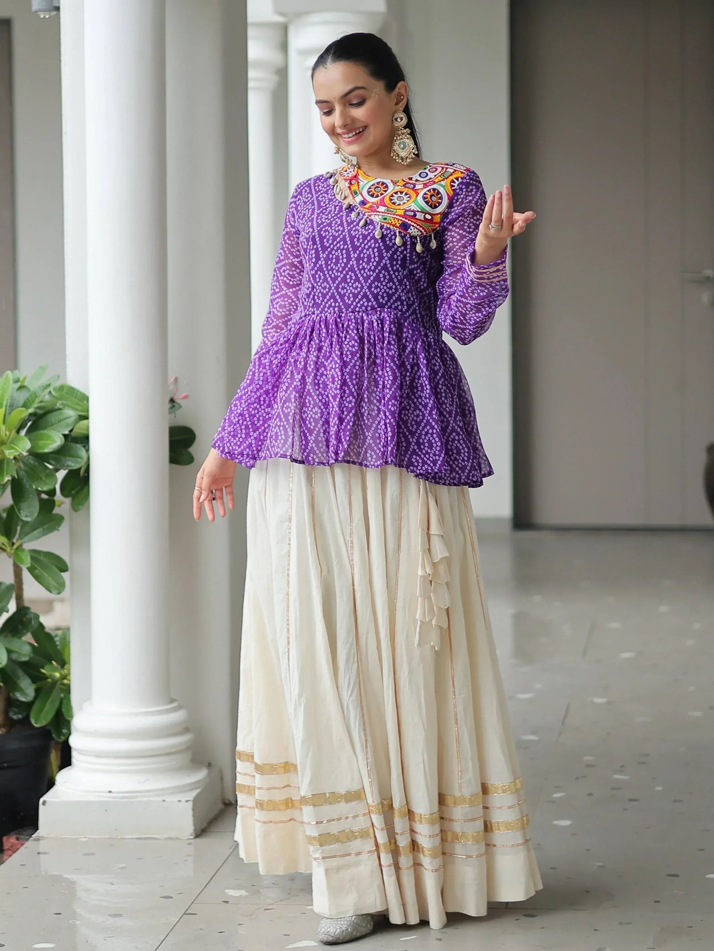Purple embroidered top with cream pleated skirt, Indian ethnic wear for women