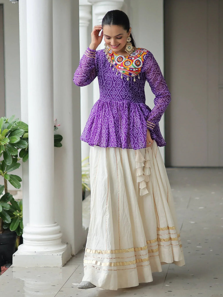 Purple embroidered peplum top with cream ruffle skirt, Indian ethnic wear