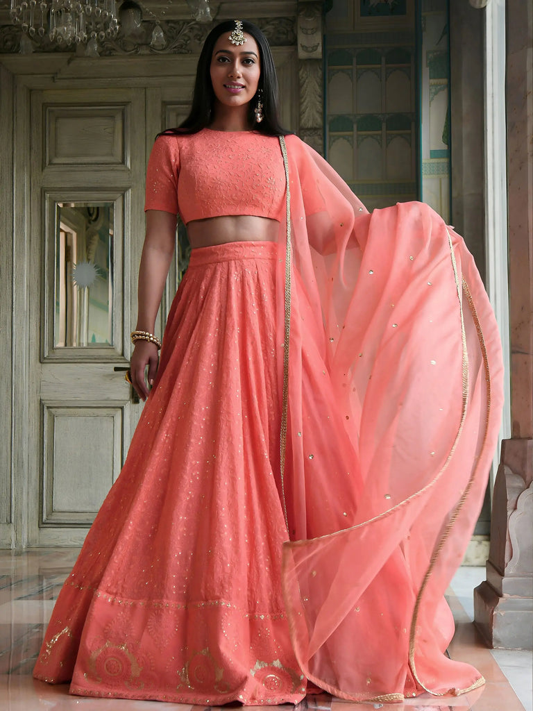 Peach Thread Embroidered Monochrome Bridesmaid Lehenga Choli