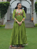 Gorgeous Green Rayon Gamthi Work Navratri Wear Layered Gown